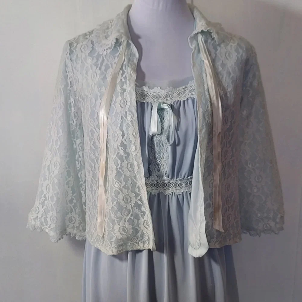 Baby Blue Lace‎ Open Front Bed Jacket white ribbon ties